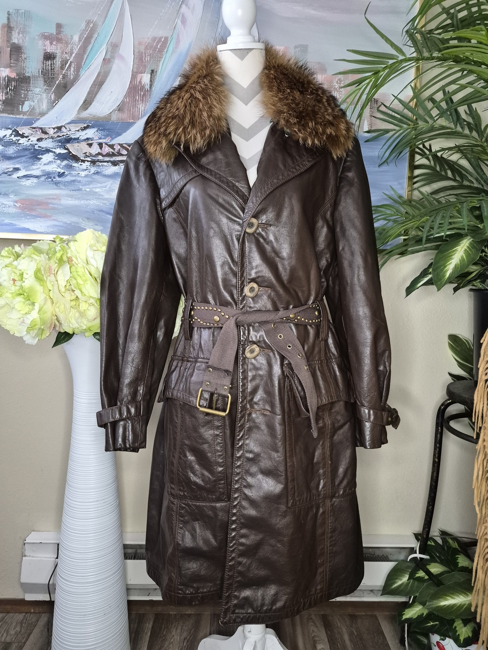 Vintage Benchley Brown Leather Trench Coat with Fur Collar